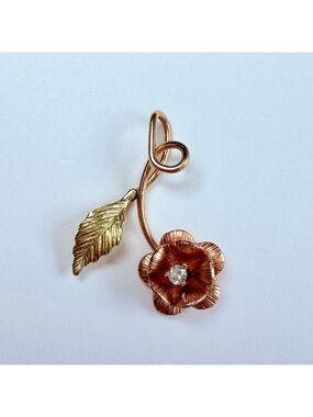 14K Two Tone Gold Diamond Solitaire Black Hills Style Rose & Leave Charm Pendant